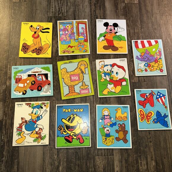 11 Vintage PLAYSKOOL children’s Wooden Puzzles Disney Sesame Street Pac-Man